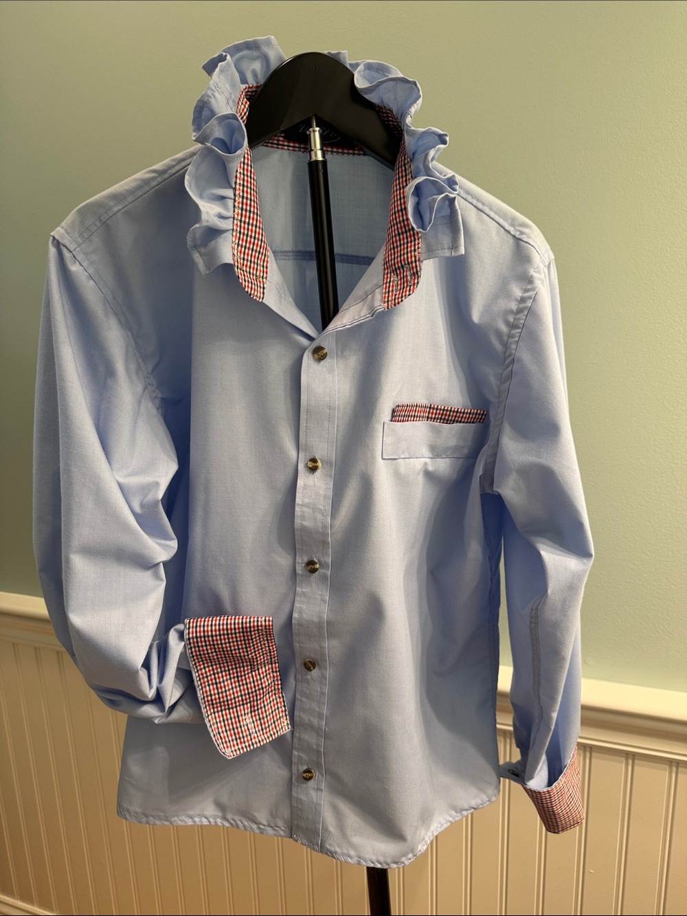 Reimagined Lt Blue  Shirt with Red Check Trim.Ruffle collar and faux  pocket